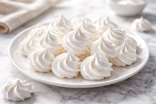 Light white meringue treats on a flawless white plate set on a marble table surface