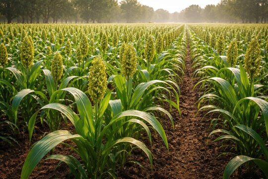 Green jowar plants flourishing in a well tended agricultural plot