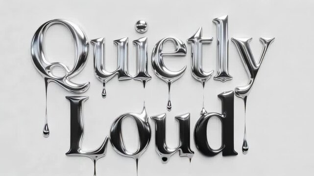 Showing chrome type reading Quietly Loud forming metal drips as highlights shift on white backdrop