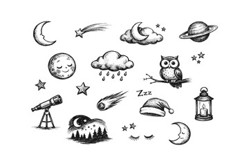 Obraz premium Whimsical night sky elements and celestial bodies hand-drawn sketch