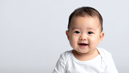 Fototapeta premium This cheerful infant portrait features a smiling Asian baby in a white bodysuit. A clean, bright image representing joy and growth, ideal for familyrelated ads and baby product marketing.