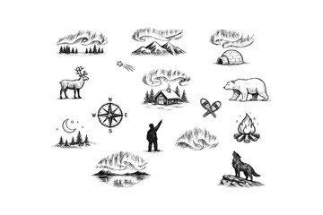 Obraz premium Collection of hand-drawn illustrations depicting arctic and northern wilderness scenes
