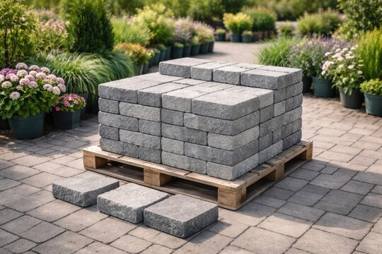 Garden center display of gray stone pavers on wooden pallet with textured paving stones and ample copy space
