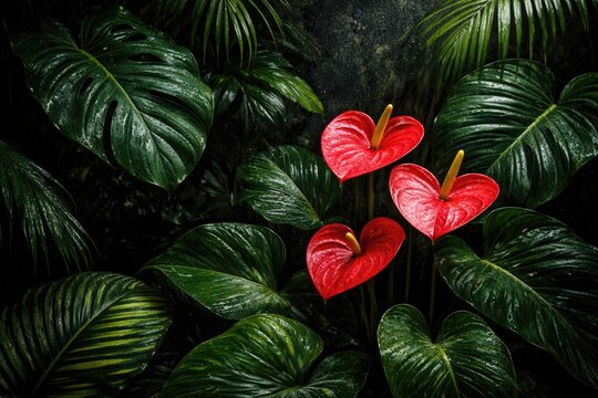 cloud forest inspired tropical leaves and anthurium with textured black backdrop