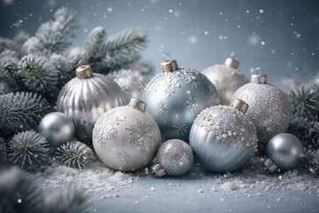 Fototapeta premium Christmas ornament collection on a muted blue backdrop evoking a serene winter mood