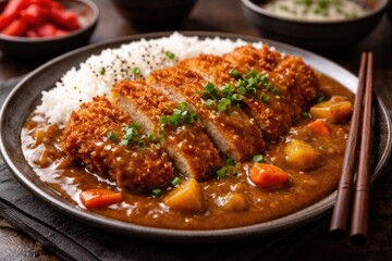Fototapeta premium Japanese style breaded chicken katsu covered in curry sauce and scallions served with chopsticks