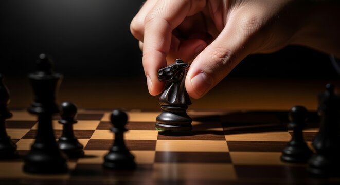 Hand placing chess knight piece on board