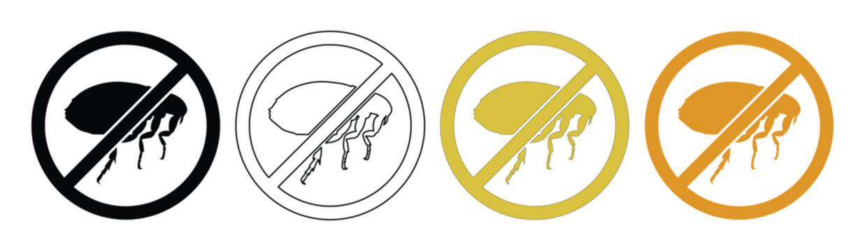 No Fleas Vector Icon Set, Prohibited Flea Symbol, Pest Control Warning Sign, Insect Extermination Graphic Resource for Pet Care and Hygiene Products