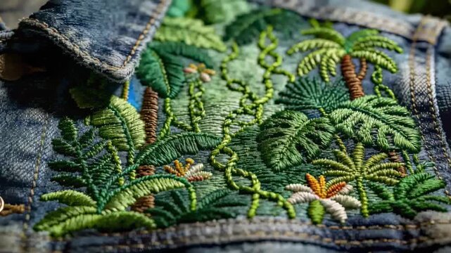Shifting camera revealing palm motif on denim jacket panel, showing brass snaps for stitch detail