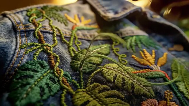 Hovering needle starting descent, piercing embroidered denim at worktable, hand pulling thread