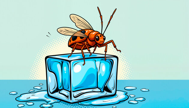 Melting ice cube with emerging bug, dynamic comic art style