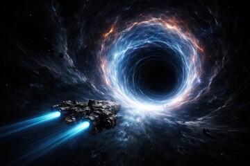 Fototapeta premium Journey of a vessel entering a dimensional wormhole with black void surroundings