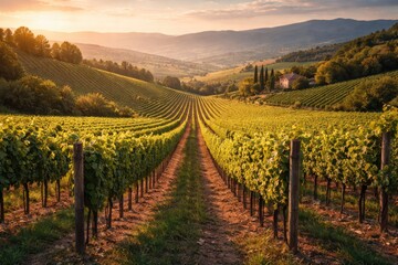 Naklejka premium Breathtaking vineyard vista highlighting the harmony of nature and cultivated grape rows
