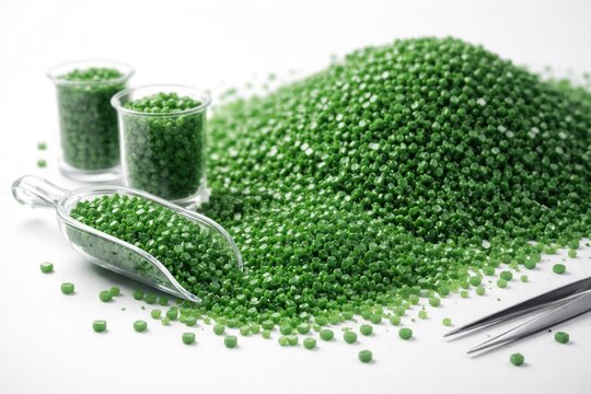 Green plastic granules including polypropylene and polyamide on white backdrop with copy space