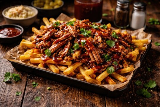 Hearty pulled pork topped fries with barbecue glaze and fresh cilantro on rustic wood table accompanied by condiments and copy space