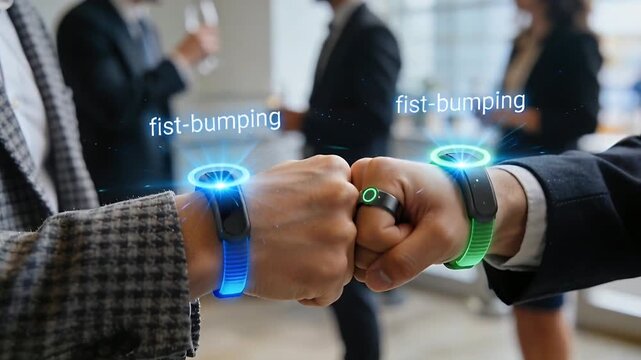 Fist-bumping two men in suits moving fists at lobby, wearables and smart ring registering contact