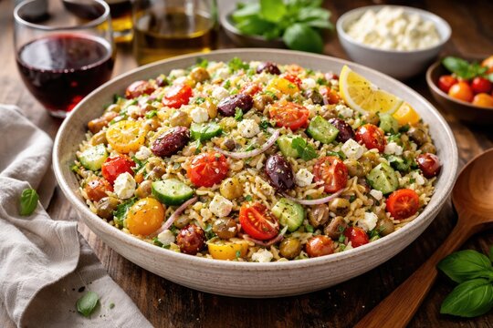 Delicious orzo risoni salad packed with fresh vegetables and cheese paired with red wine