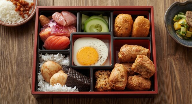 Traditional Japanese bento box with assorted children's lunch items