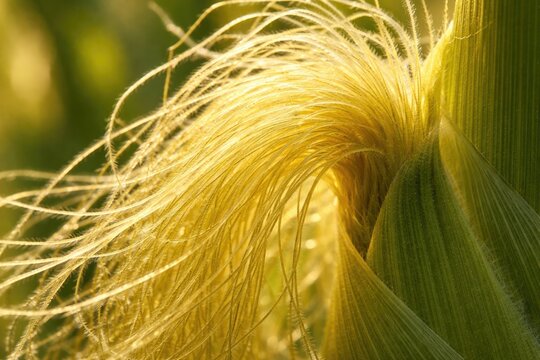 Close perspective on yellow corn silk showing fine fiber details lit by sunlight