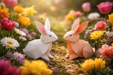 Fototapeta premium Celebratory origami rabbits amid vivid flowers in a quiet outdoor environment for festive greetings