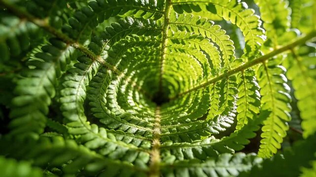 Shifting focus driving camera along fern rachis in sunlit garden, emphasizing spiral of pinnae