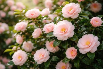 Obraz premium Fresh Otome Camellia japonica covered with delicate open flowers
