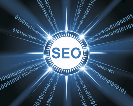A glowing SEO logo surrounded by binary code on a dark background representing search engine optimization and digital marketing concepts