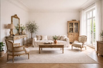 Fototapeta premium Airy Scandinavian lounge with antique style furnishings and clear copyspace for text