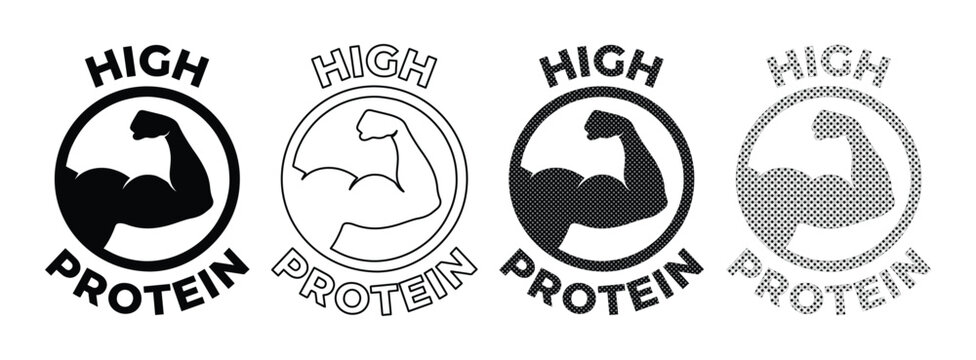 High Protein Label Vector Set, strong bicep arm icon for healthy food packaging, fitness product branding, and dietary supplement design. Black and gray, solid and outline variations included.