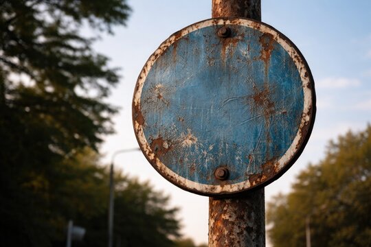 Aged blue traffic sign attached to rusty pole