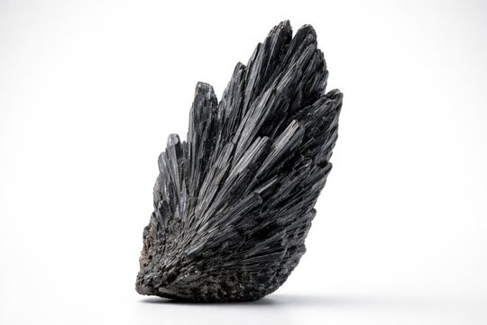 Black kyanite crystal piece shown against bright white studio background