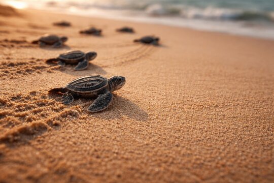 Leatherback turtle hatchlings crossing warm sand with visible tracks and copyspace for text