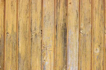 Fototapeta premium Weathered yellow wood planks with black mold and mildew texture.