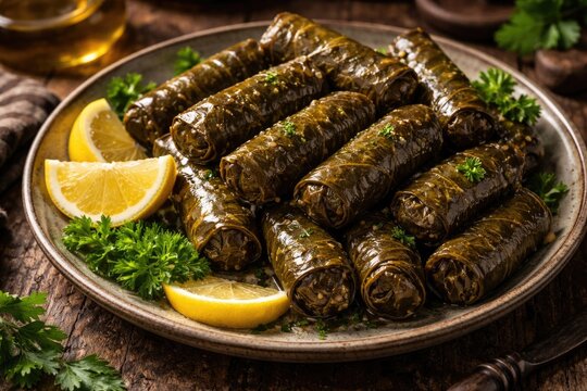 Handcrafted dolma with vine leaves filled with fragrant rice served alongside lemon slices and parsley sprigs on a rustic serving dish