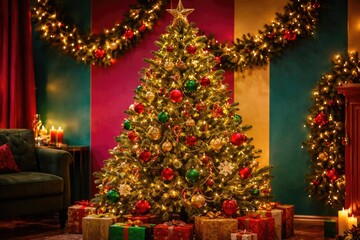 Fototapeta premium Decorated Christmas tree glowing with ornaments near a bold and colorful wall