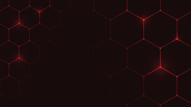 Abstract Futuristic Hexagon Grid Background with Red Glowing Nodes