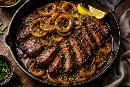 Aerial view of Filipino Angus bistek tagalog steak dry aged with caramelized onion rings and soy sauce in a cast iron dish