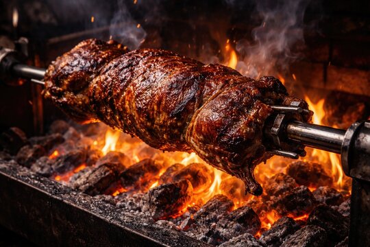 Juicy lamb cooking on a rotating spit with glowing coals