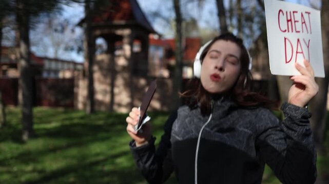 Woman starts workout then switches to cheat day holding sign eating chocolate during run showing funny contrast between fitness goals and spontaneous decision to relax and enjoy moment