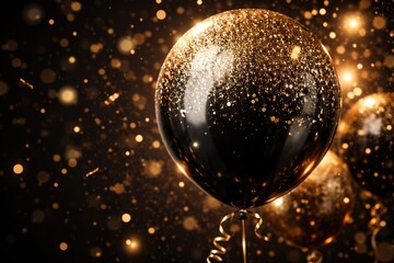 Fototapeta premium Black and gold festive balloon covered in shimmering glitter confetti against a dark background ideal for event invites