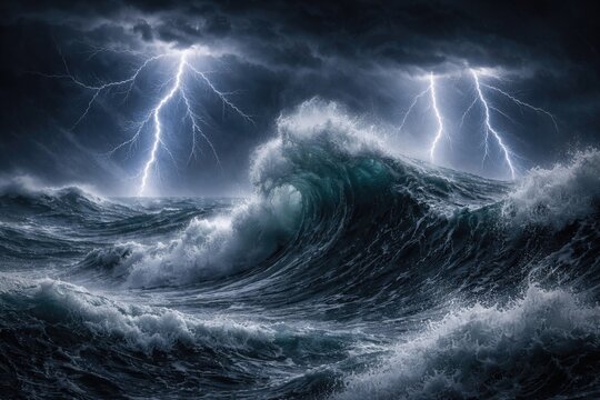 Night ocean tempest with towering waves and sharp lightning bolts