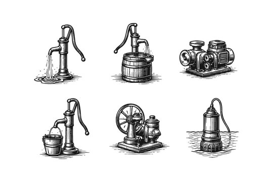 Collection of vintage water pumps and modern electric pump illustrations