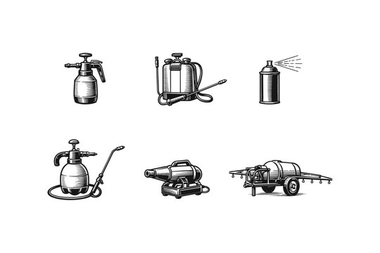 Collection of vintage agricultural sprayers and equipment for pest control
