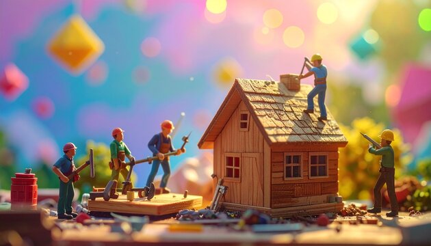 diverse team building wooden tiny house with tools and colorful balloons at sunset