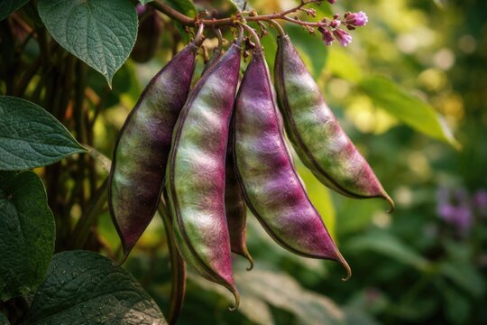Focused close up of hyacinth bean pods on natural legume backdrop