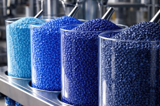 Distinct blue shades of plastic masterbatch granules held in see-through containers for production