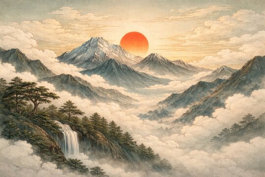 Elegant Ukiyoe art print of Japanese mountains clouds and sun for high resolution wallpaper use