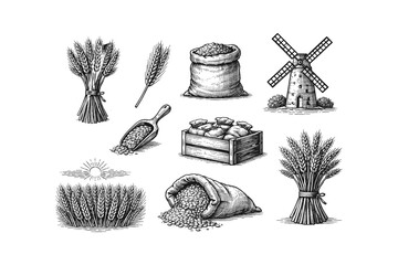 Vintage illustration of wheat harvest and milling elements with a windmill © Tymofii