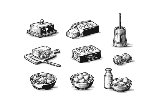 Vintage dairy products and butter making tools illustration