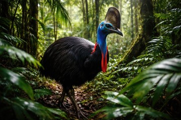 Obraz premium Wild cassowary exploring thick rainforest undergrowth